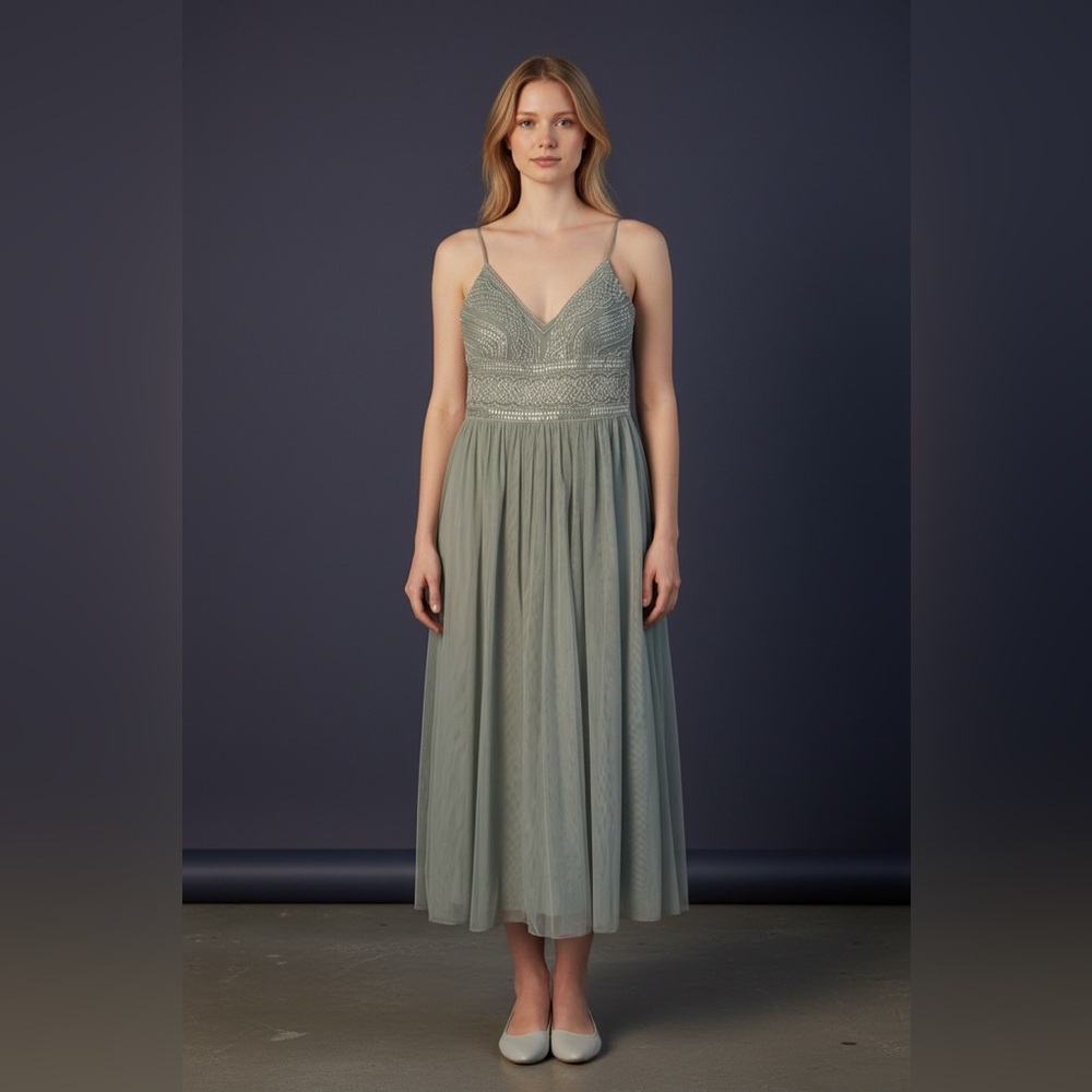 Adrianna Papell Sage Beaded Bodice Chiffon Maxi Gown Size 4